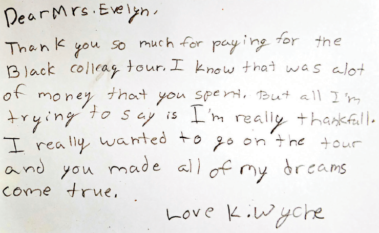 A handwritten letter from Kayla Wyche to Miss Evelyn.
