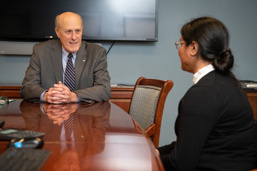 Dr. Jarrell enjoys getting to know people. In February, he surprised Jasnehta Permala Booth with the UMB Employee of the Month Award, then spent a half-hour discussing her background and the work she does at the Center for Vaccine Development and Global Health.