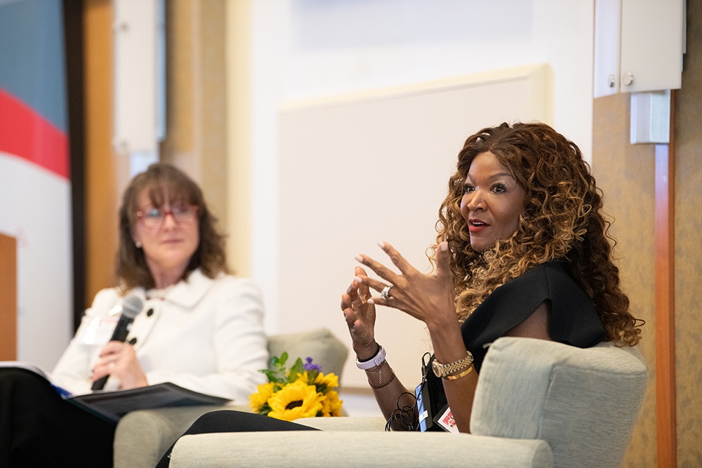 Tamika Tremaglio, executive director of the National Basketball Players Association, joined Jennifer B. Litchman, senior vice president for external relations, UMB, and founder and chair, UMBrella Group, in a fireside chat at the SMC Campus Center Elm Ballrooms. Photo by Matthew D’Agostino