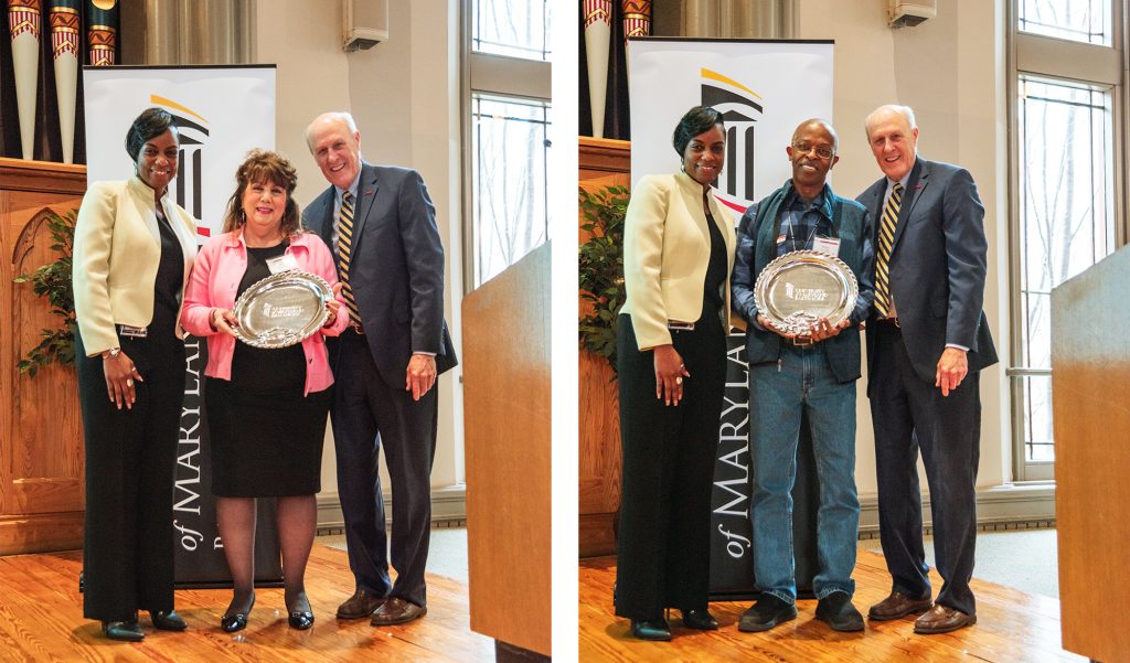 Jean Marie Roth, academic program specialist, and Perry Comegys, electron microscopy/histology technician, both from UMSOM, were recognized by President Bruce Jarrell and Malika Monger, associate vice president and chief human resources officer, for 50 years of service to UMB. Photos by Danny Siebenhaar