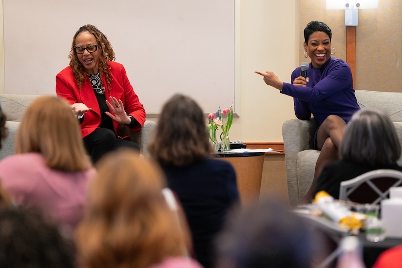 The Washington Post’s Michelle Singletary, MS (left), who writes “The Color of Money” personal finance column, and Tisha Edwards, JD ’01, MSW ’00, president/CEO of the Maryland Bankers Association and member of the University System of Maryland Board of Regents.