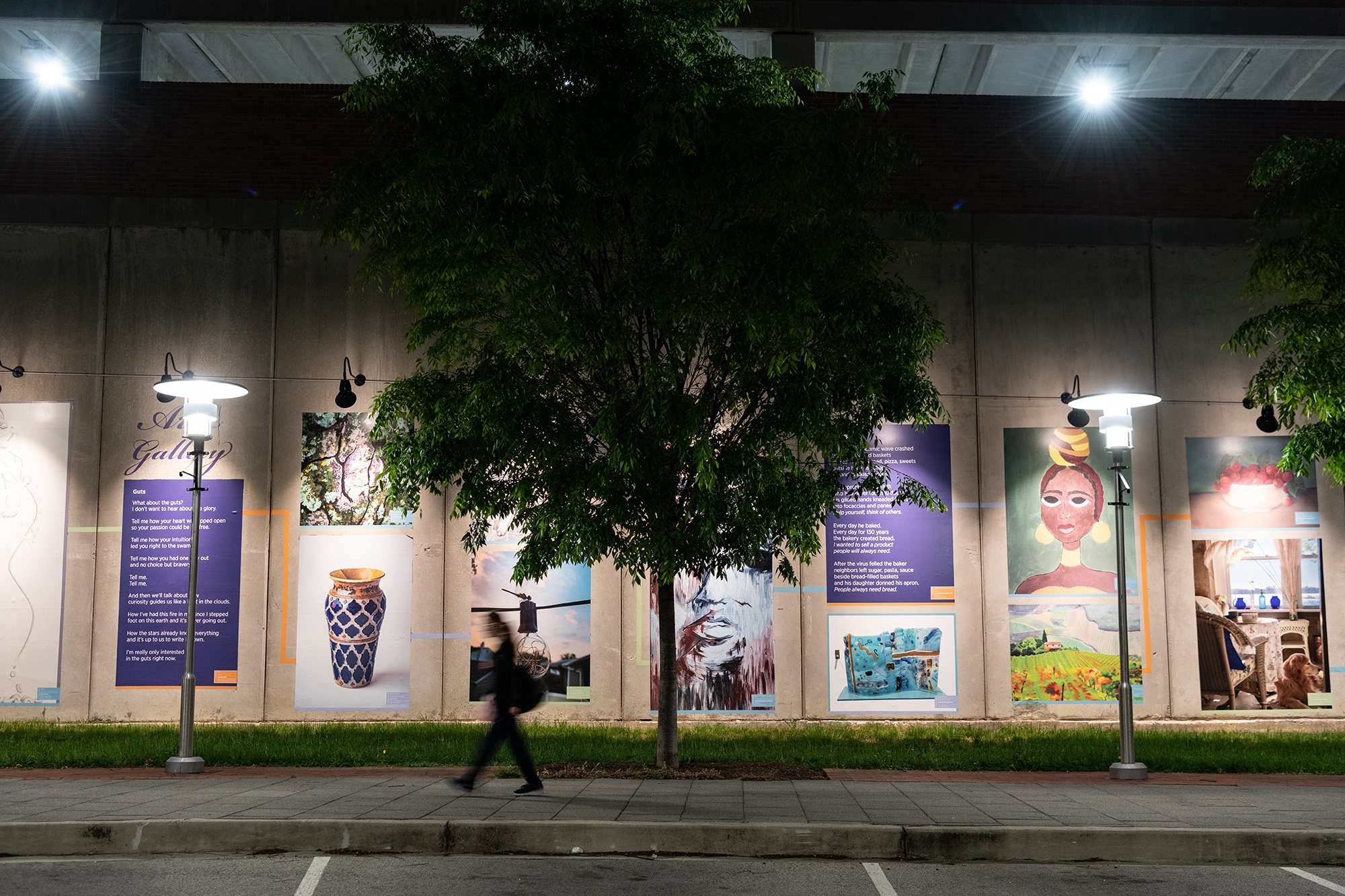 An example of lighting upgrades on a campus building downtown, the outdoor Pearl Gallery that showcases art on the Pearl Street underpass.